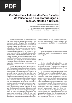 Os Principais Autores das Sete Escolas de Psicanálise e sua Contribuição à Técnica. Méritos e Críticas