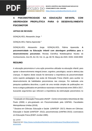 A psicomotricidade na educação infantil com abordagem profilática para o desenvolvimento psicomotor