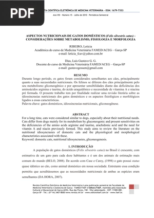 Aspectos nutricionais de gatos domésticos (Felis silvestris catus) - Cconsiderações sobre metabolismo, fisiologia e morfologia