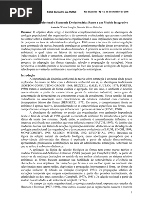 Ecologia Populacional e Economia Evolucionária: Rumo a um Modelo Integrativo
