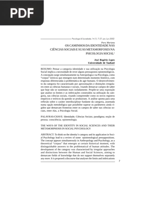 Os caminhos da identidade nas ciências sociais e suas metamorfoses na psicologia social