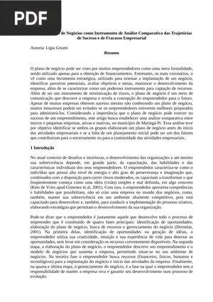 O Uso do Plano de Negócios como Instrumento de Análise Comparativa das Trajetórias de Sucesso e de Fracasso Empresarial
