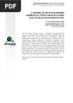 A Inserção do Engenheiro Ambiental com garantia para uma Evolução Sustentável (Artigo)