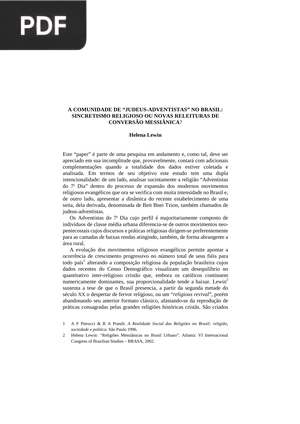 A comunidade de Jedeus-Adventistas no Brasil: Sincretismo religioso ou novas releituras de conversão messiânica?