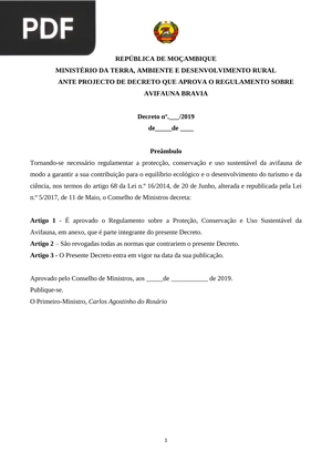 Ante projecto de decreto que aprova o regulamento sobre avigauna bravia