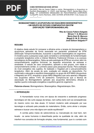 Biomagnetismo e acupunturano equilíbrio bioenergético - Um grupo de estudo comparativo en DTM (Disfunção temporomandibular)