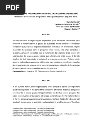 Ferramentas para melhoria contínua na gestao da quealidade: Benefícios e desafios do programa 5s nas organizações de pequeno porte.