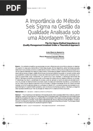 A Importância do Método Seis Sigma na Gestão da Qualidade Analisada sob uma Abordagem Teórica (Artigo)