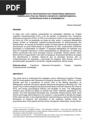 Atendimento psicoterapico do transtorno obsessivo compulsivo (TOC) na terapia cognitivo comportamental: Estratégias para o atendimento