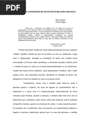 A Solidão e a capacidade de estar só na relação analítica
