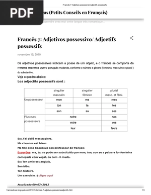 Francês 7: Adjetivos possessivo/ Adjectifs possessifs
