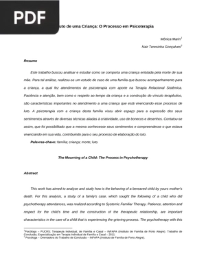 O Luto de uma Criança: O Processo em Psicoterapia