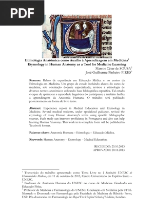 Etimologia Anatômica como Auxílio à Aprendizagem em Medicina (Artigo)