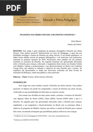 Filosofia nas séries iniciais: Uma prática possivel?