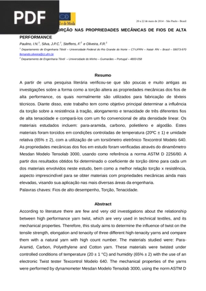 Influência da torção nas propiedades mecânicas de fios de alta performance