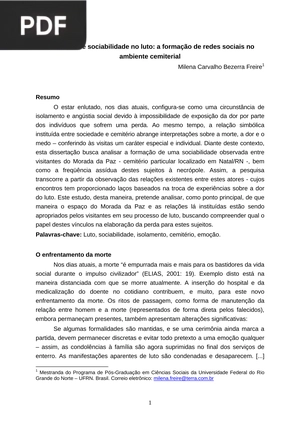 Isolamento e sociabilidade no luto: a formação de redes sociais no ambiente cemiterial
