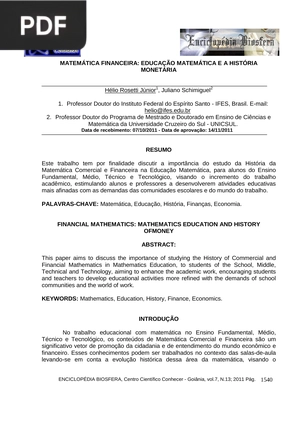 Matemática Financeira: educação matemática e a história monetária (Artigo)