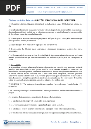 Questões sobre a revolução Industrial (Artigo)