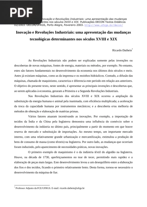 Inovação e Revoluções Industriais: uma apresentação das mudanças tecnológicas determinantes nos séculos XVIII e XIX (Artigo)
