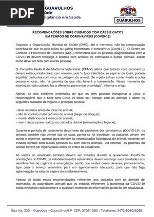 Recomendações sobre cuidados com cães e gatos em tempos de Coronavírus (COVID-19) (Artigo)