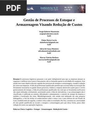 Gestão de Processos de Estoque e Armazenagem Visando Redução de Custos