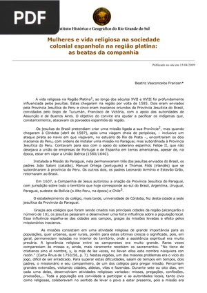 Mulheres e vida religiosa na sociedade colonial espanhola na região platina: as beatas da companhia