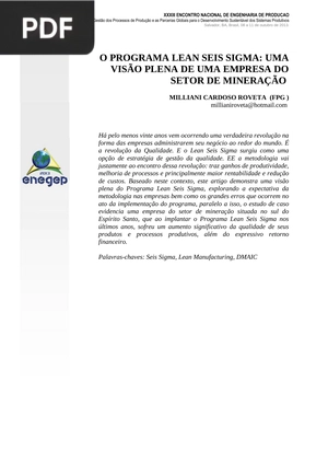 O Progama Lean Seis Sigma: Uma Visão de uma Empresa do Setor de Mineração
