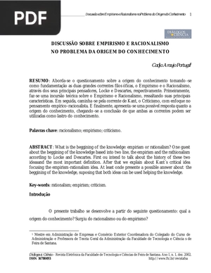 Discussão sobre empirismo e racionalismo no problema da origem do conhecimentoI