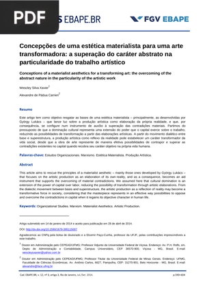 Concepções de uma estética materialista para uma arte transformadora: a superação do caráter abstrato na particularidade do trabalho artístico