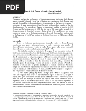 Economia Argentina - da Belle Époque a Primeira Guerra Mundial